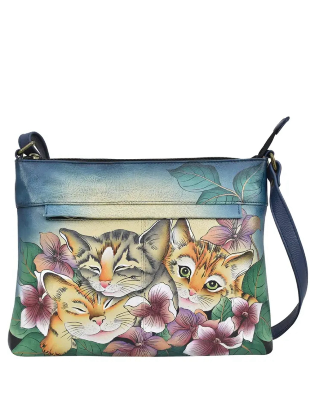 Hand-Painted Three Kittens Blue Leather Crossbody Bag